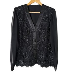 Vintage 80s Embellished Appliqué Blouse Jacket Long Sheer Sleeves Black, 16‎
